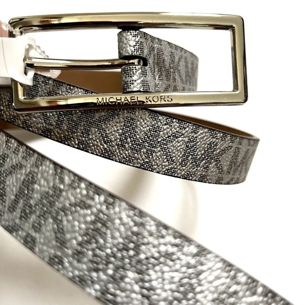 Michael Kors Signature Skinny Belt Silver Gray Monogram Womens Large L NWT
